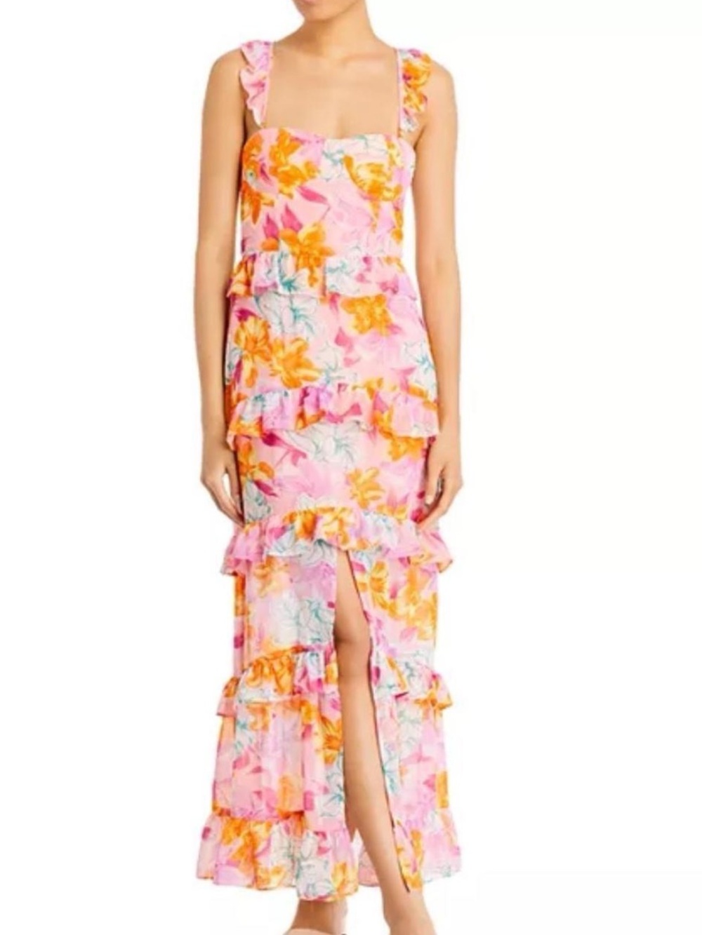WAYF Pink Floral Ruffle Midi Dress with Front Slit XS